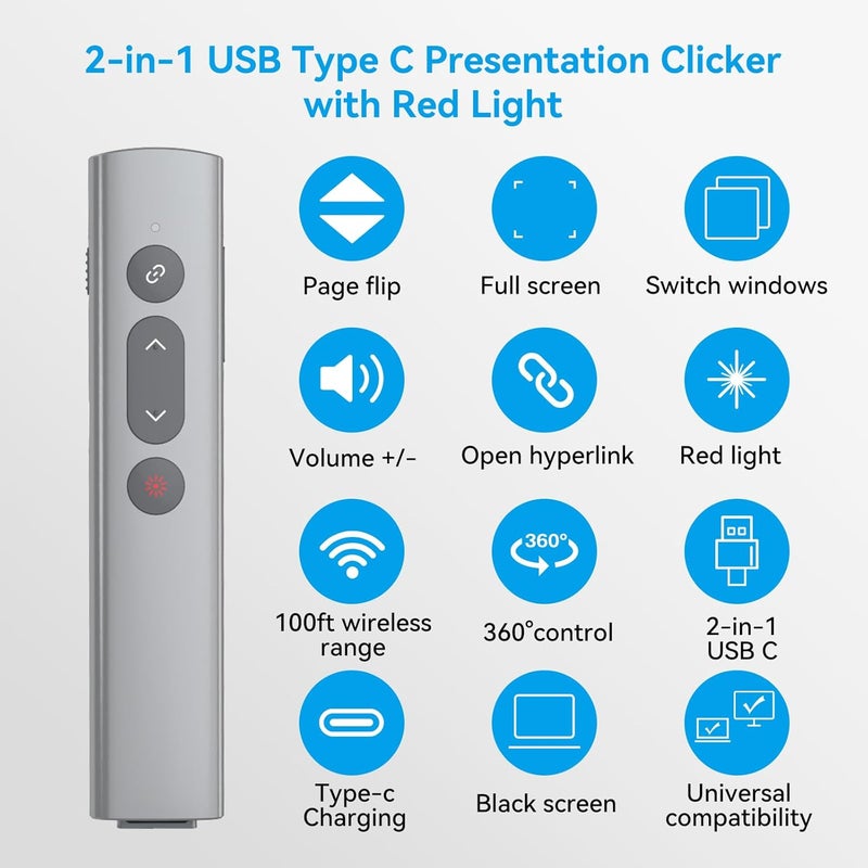 PPTSLID Presentation Clickers for PowerPoint Presentations, [Aluminum Alloy] + [2 in 1 USB C/A] PowerPoint Clicker with Laser Pointer Wireless Presenter PPT Slide Remote Control Computer Clicker for Mac - Image 2